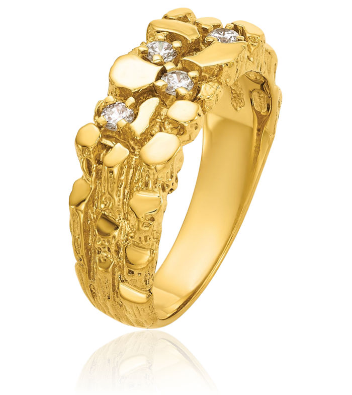 14K Solid Yellow Gold Mens Chunky Nugget Diamond Ring