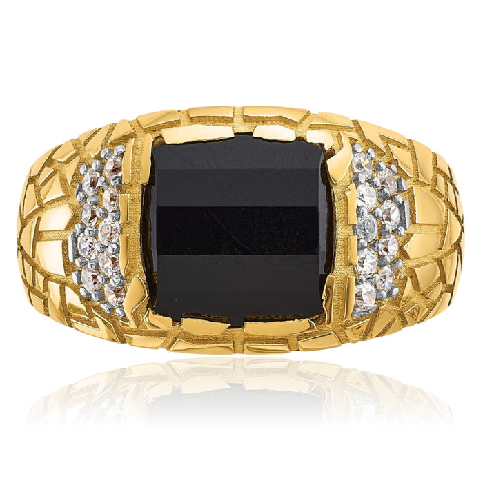 14K Solid Yellow Gold Mens Chunky Nugget Black Onyx Diamond Statement Ring