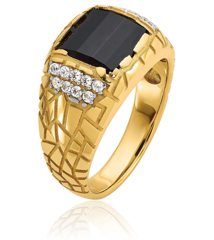 14K Solid Yellow Gold Mens Chunky Nugget Black Onyx Diamond Statement Ring