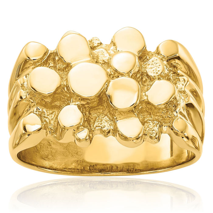 14K Solid Yellow Gold Mens Chunky Nugget Ring