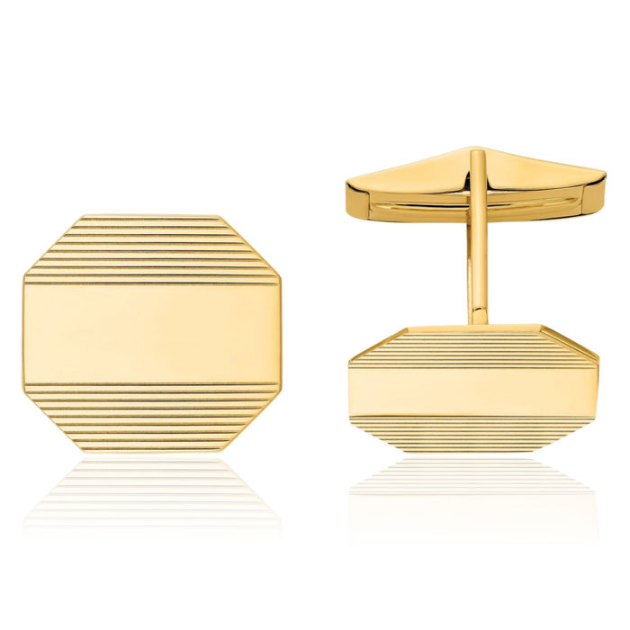 14K Solid Yellow Gold Mens Rectangular Octagon Line Cuff Links