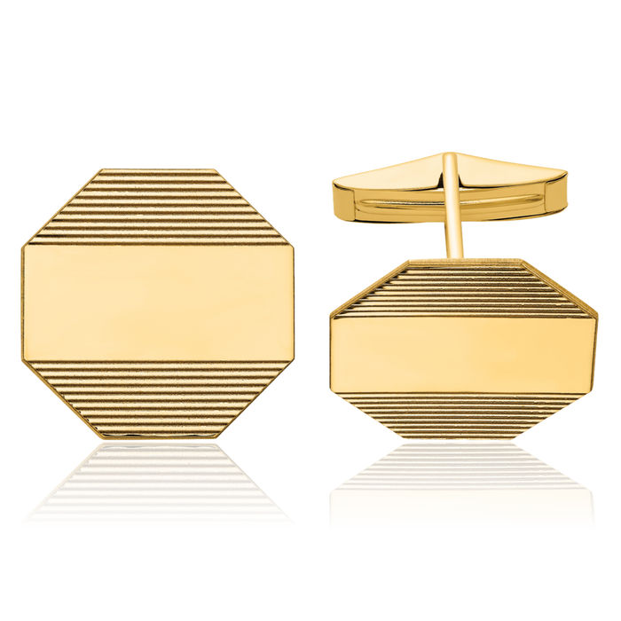 14K Solid Yellow Gold Mens Octagonal Line Cuff Links