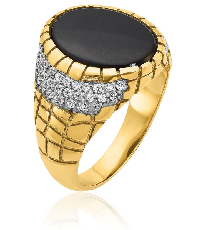 14K Solid Yellow Gold Mens Black Onyx Diamond Chunky Nugget Ring