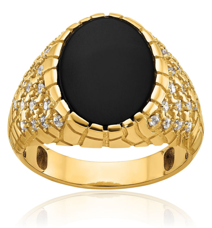 14K Solid Yellow Gold Mens Black Onyx Diamond Chunky Nugget Ring