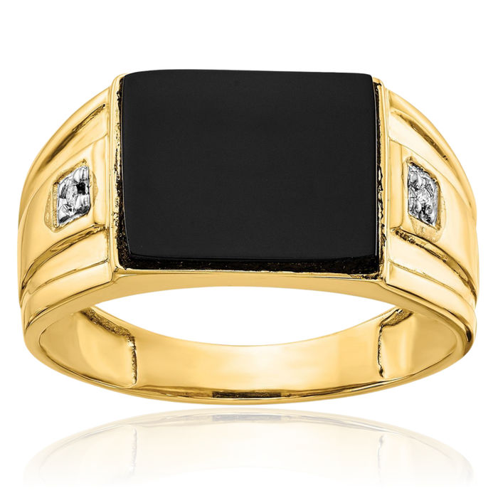 14K Solid Yellow Gold Mens Black Onyx Diamond Ring Gemstone Band