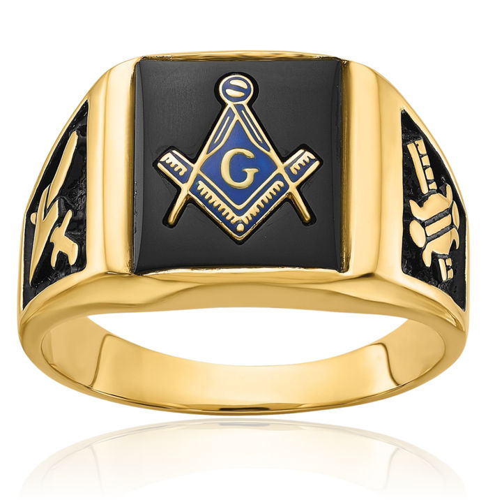 14K Solid Yellow Gold Mens Black Onyx Master Mason Signet Freemason Masonic Ring