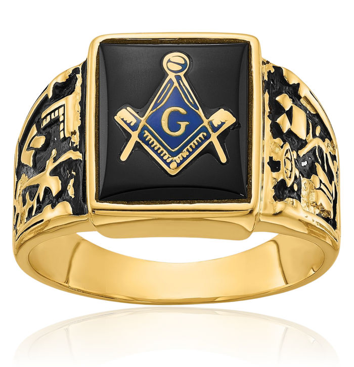 14K Solid Yellow Gold Mens Black Onyx Master Mason Signet Freemason Masonic Ring