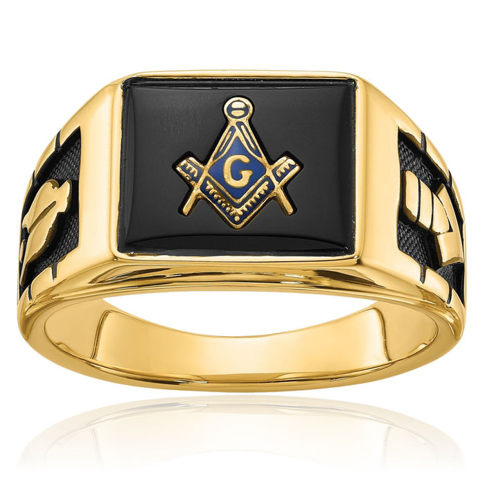 14K Solid Yellow Gold Mens Black Onyx Master Mason Signet Freemason Masonic Ring