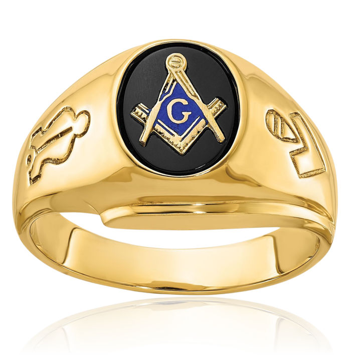 14K Solid Yellow Gold Mens Oval Black Onyx Blue Lodge Master Mason Signet Freemason Masonic Ring