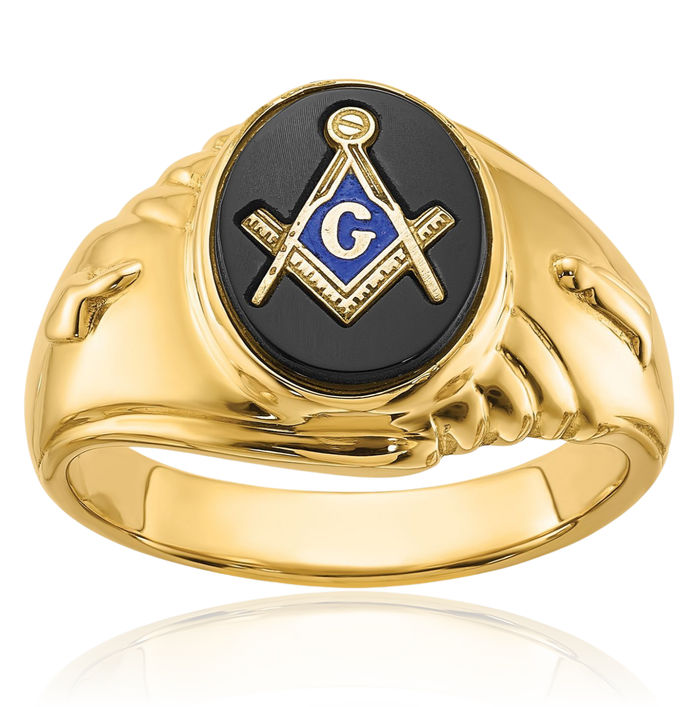 14K Solid Yellow Gold Mens Oval Black Onyx Master Mason Signet Freemason Masonic Ring