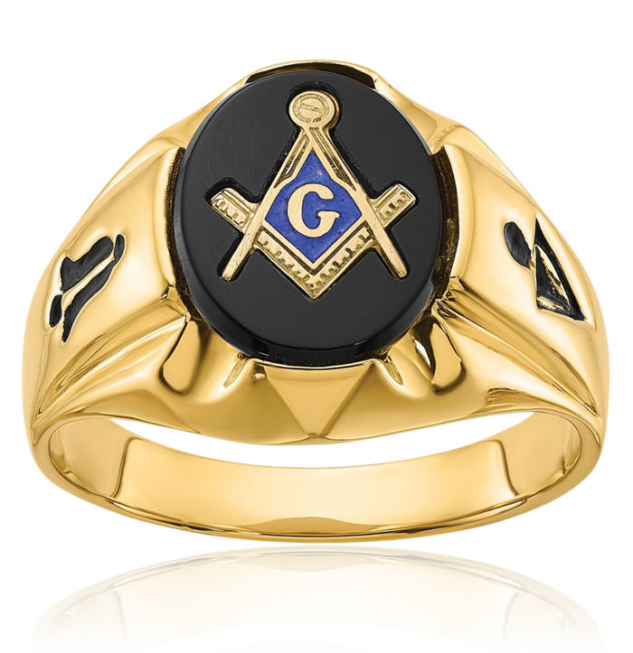 14K Solid Yellow Gold Mens Vintage Oval Black Onyx Master Mason Signet Freemason Masonic Ring