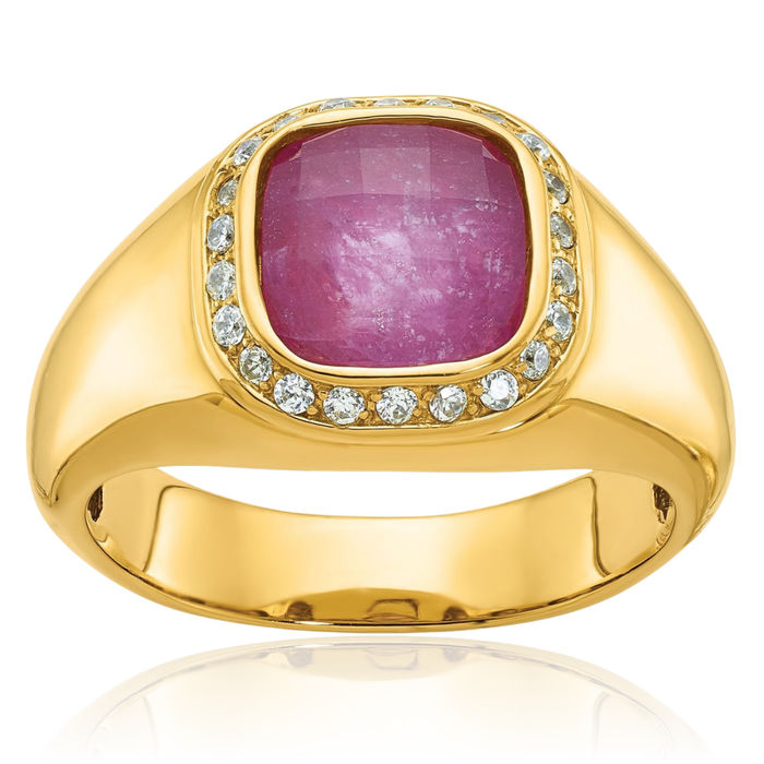 14K Solid Yellow Gold Mens Red Ruby Stone Diamond Ring