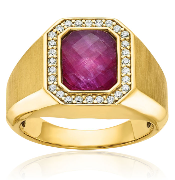 14K Solid Yellow Gold Mens Red Ruby Stone Diamond Ring