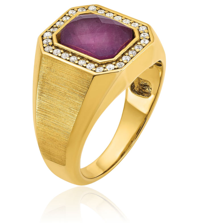 14K Solid Yellow Gold Mens Red Ruby Stone Diamond Ring