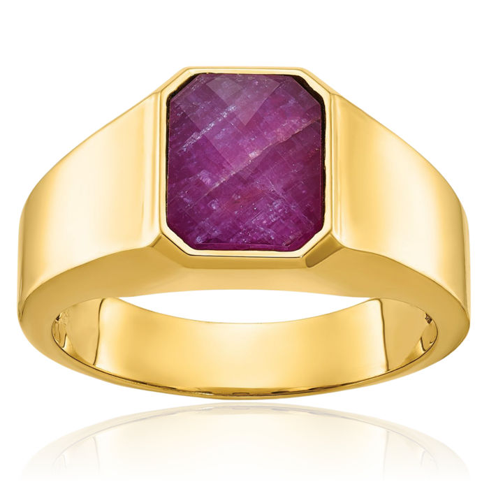 14K Solid Yellow Gold Mens Red Ruby Stone Statement Ring