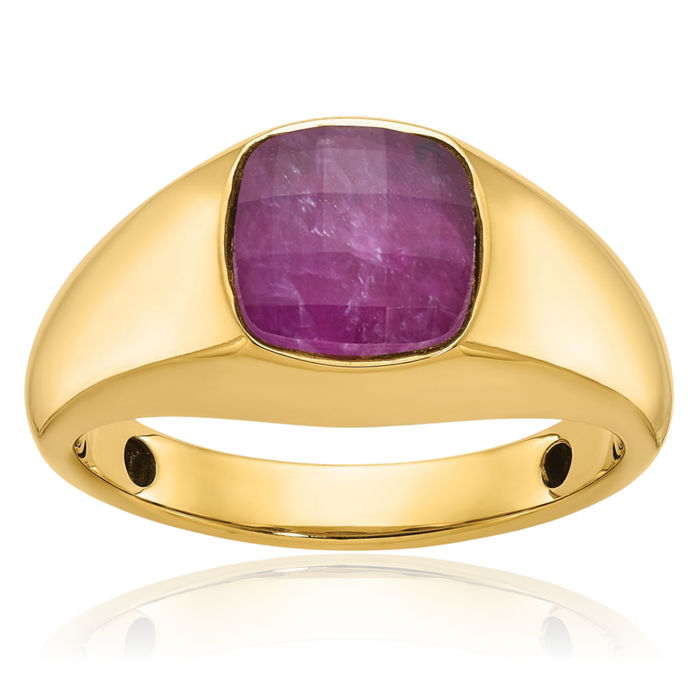 14K Solid Yellow Gold Mens Red Ruby Stone Statement Ring