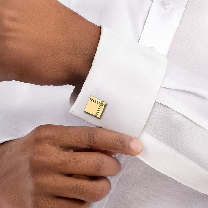 14K Solid Yellow Gold Mens Square Line Cuff Links