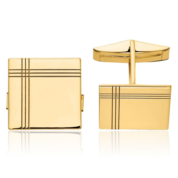 14K Solid Yellow Gold Mens Square Line Cuff Links