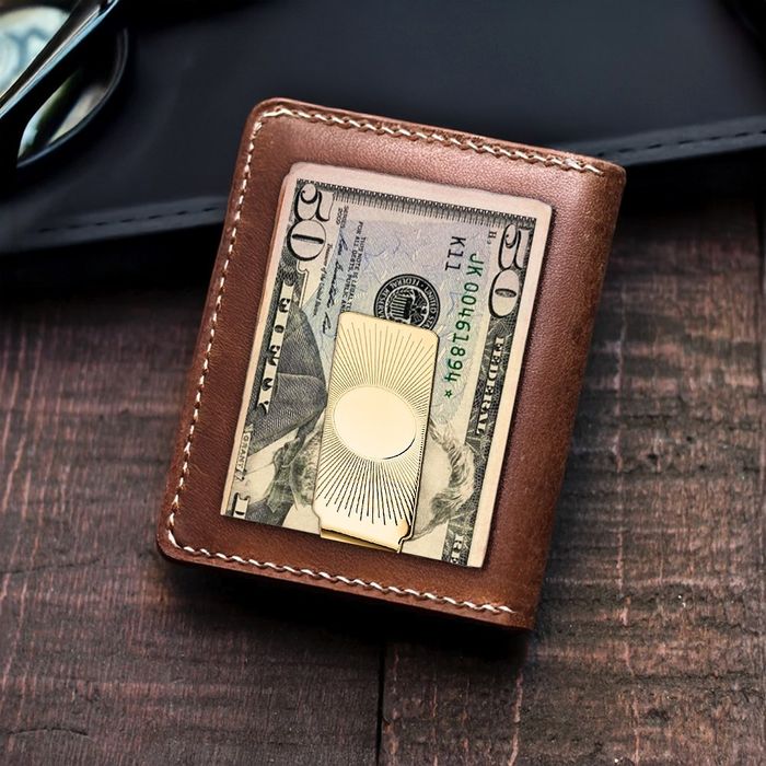 14K Solid Yellow Gold Mens Sunburst Money Clip for Men