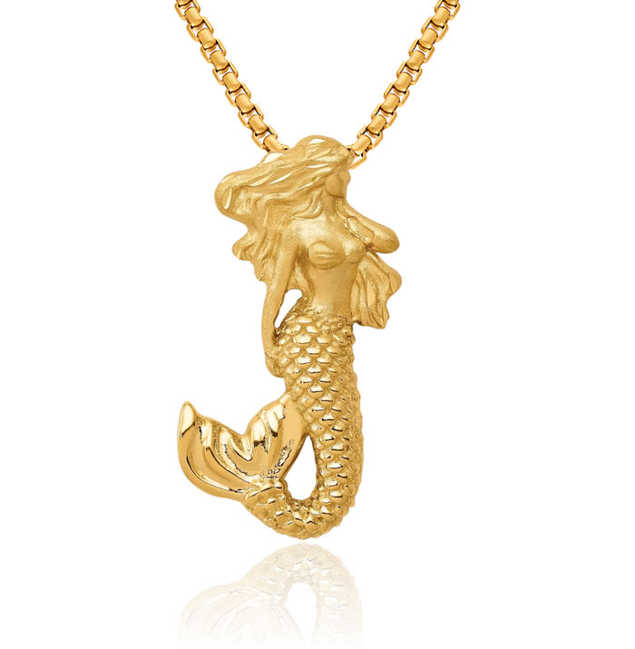 14K Solid Yellow Gold Mermaid Floating Chain Slide Pendant Necklace Charm