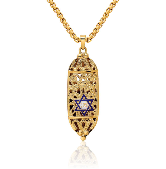 14K Solid Yellow Gold Mezuzah Scroll Prayer Jewish Star of David Magen Necklace Judaica Religious Chain Pendant Israel Charm