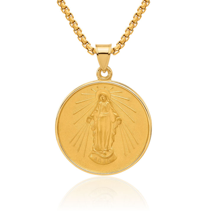 14K Solid Yellow Gold Miraculous Blessed Mother Mary Back Medal Necklace Chain Pendant Charm
