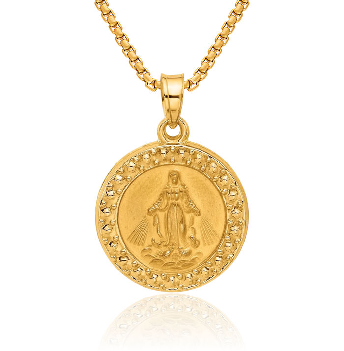 14K Solid Yellow Gold Miraculous Blessed Mother Mary Back Medal Necklace Chain Pendant Charm