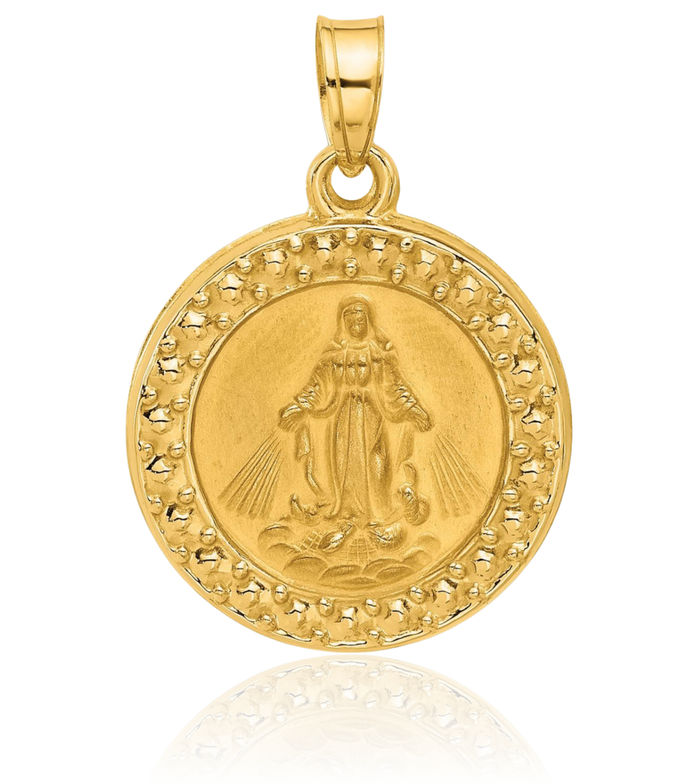14K Solid Yellow Gold Miraculous Blessed Mother Mary Back Medal Necklace Chain Pendant Charm