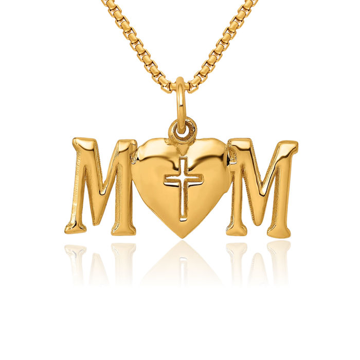 14K Solid Yellow Gold Mom Holy Cross Necklace Mama Charm Mother Pendant