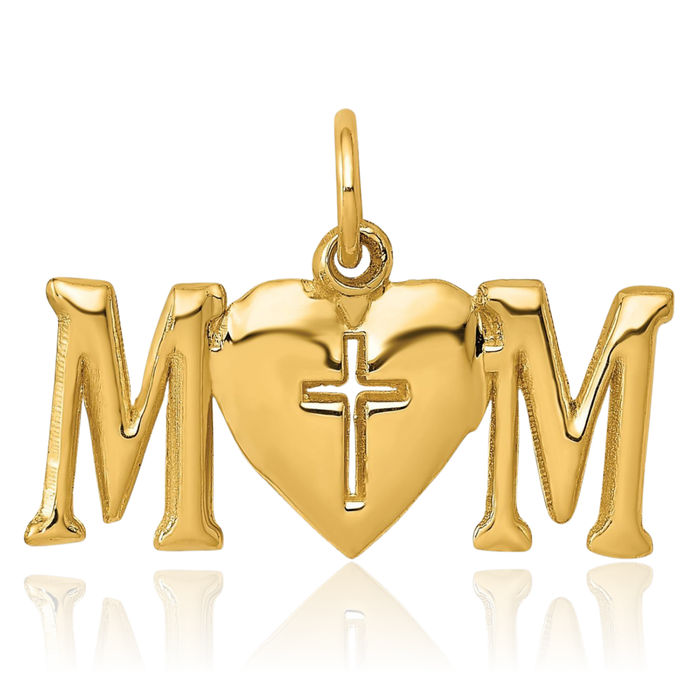 14K Solid Yellow Gold Mom Holy Cross Necklace Mama Charm Mother Pendant