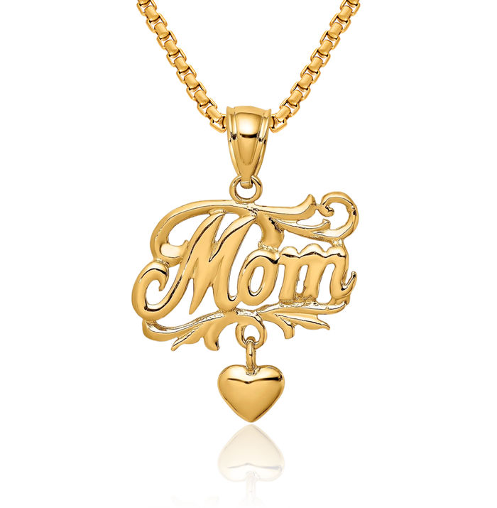 14K Solid Yellow Gold Mom Dangling Heart Necklace Mama Charm Mother Pendant