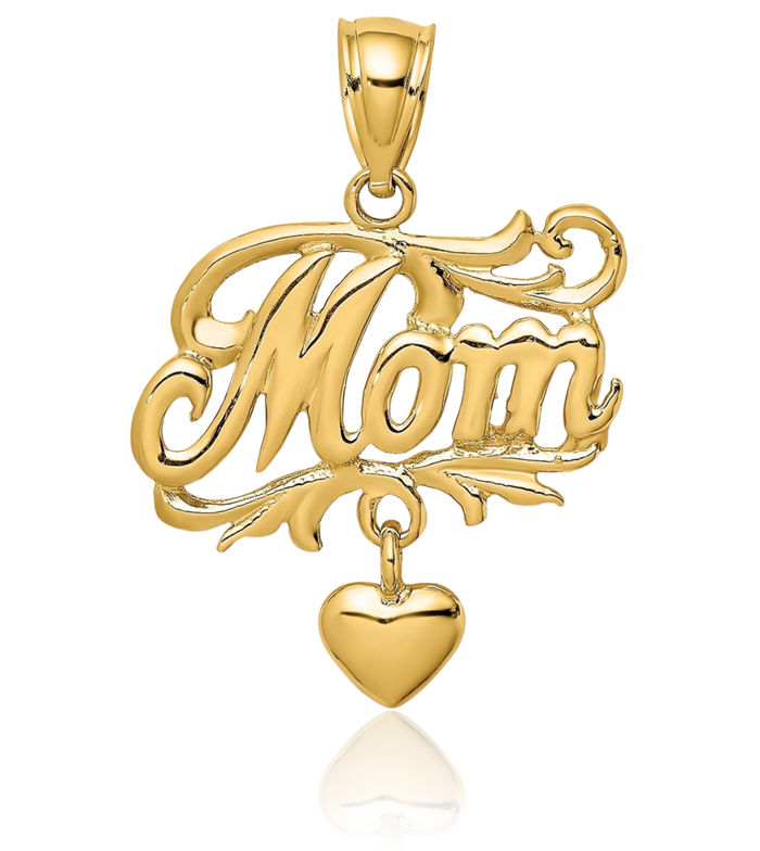 14K Solid Yellow Gold Mom Dangling Heart Necklace Mama Charm Mother Pendant