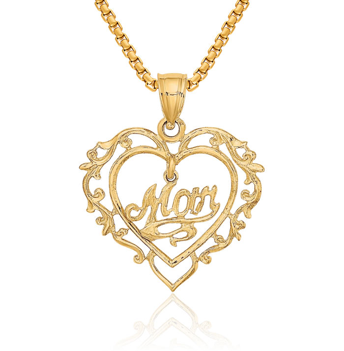 14K Solid Yellow Gold Mom Dangling Heart Necklace Mama Charm Mother Pendant
