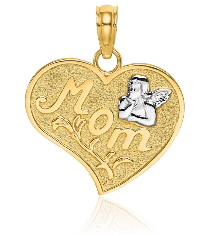 14K Solid Yellow Gold Mom Guardian Angel Wings Heart Necklace Mama Charm Mother Pendant