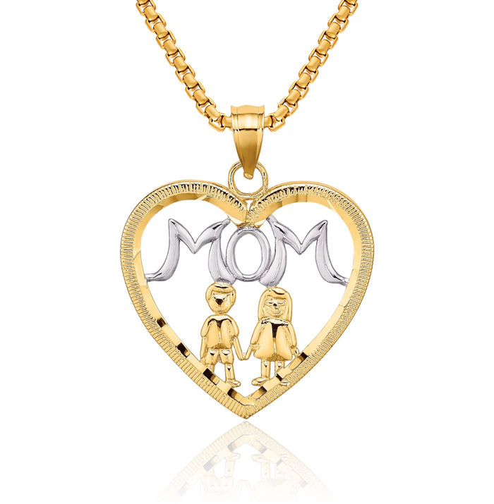 14K Solid Yellow Gold Mom Heart 2 Necklace Mama Charm Mother Pendant