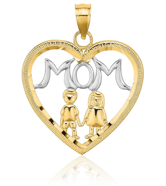 14K Solid Yellow Gold Mom Heart 2 Necklace Mama Charm Mother Pendant