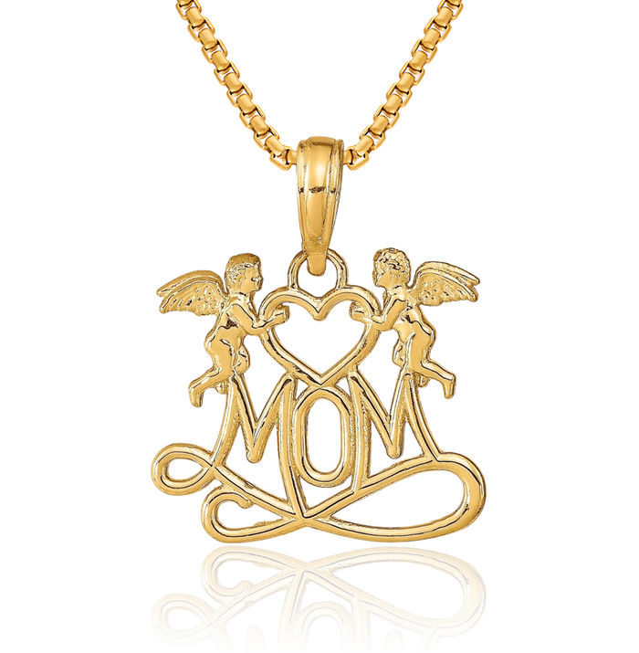 14K Solid Yellow Gold Mom Heart Guardian Angels Necklace Mama Charm Mother Pendant