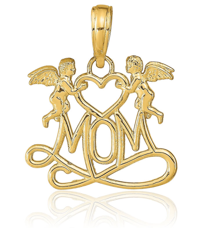 14K Solid Yellow Gold Mom Heart Guardian Angels Necklace Mama Charm Mother Pendant