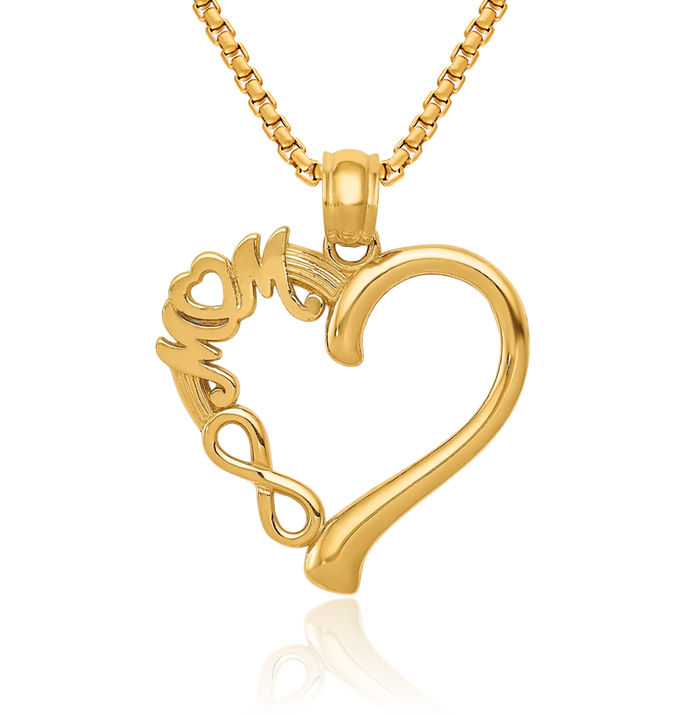 14K Solid Yellow Gold Mom Heart Infinity Twisted Love Knot Symbol Necklace Mama Charm Mother Pendant