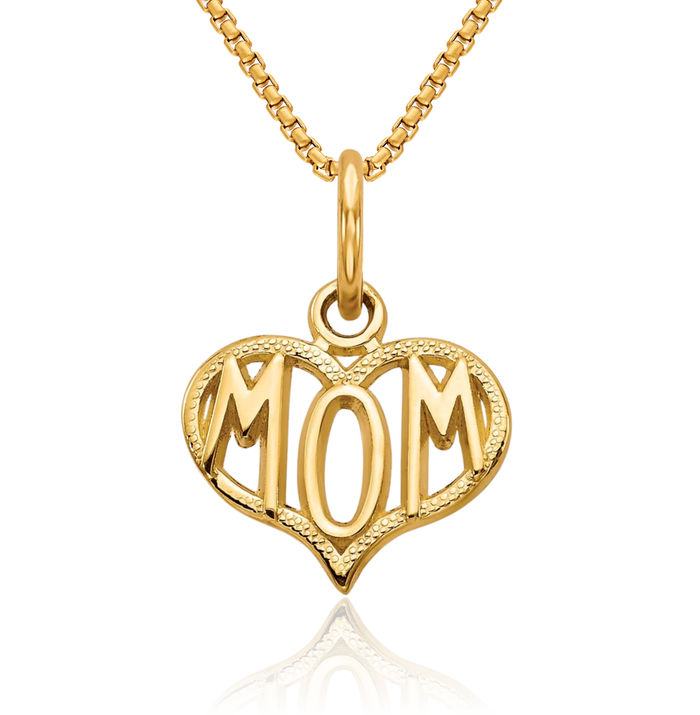 14K Solid Yellow Gold Mom Heart Necklace Mama Charm Mother Pendant