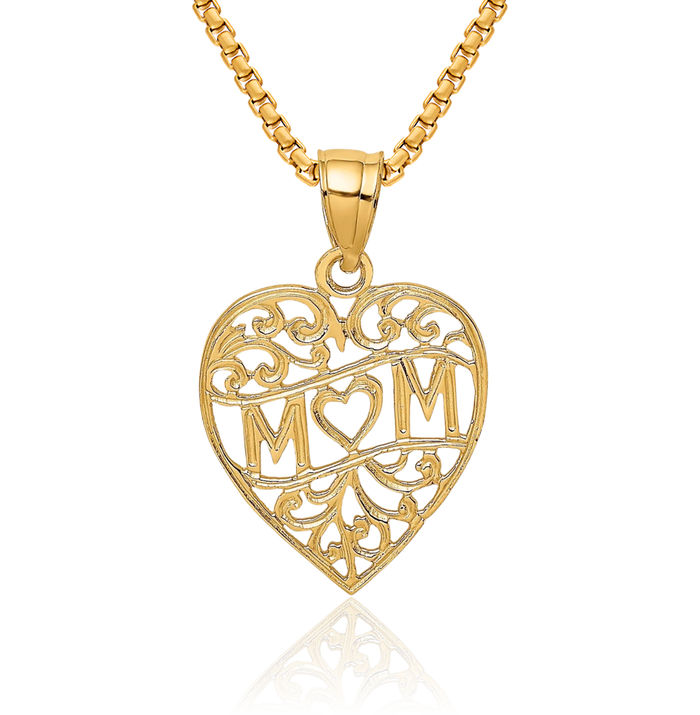 14K Solid Yellow Gold Mom Heart Necklace Mama Charm Mother Pendant