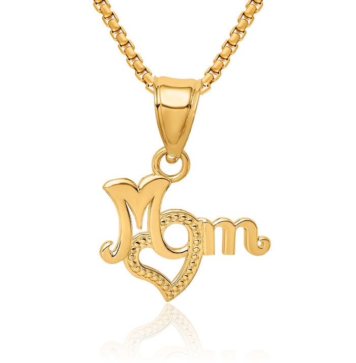 14K Solid Yellow Gold Mom Heart Necklace Mama Charm Mother Pendant