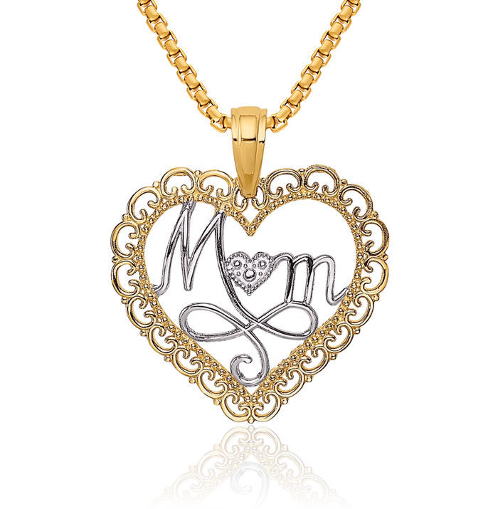 14K Solid Yellow Gold Mom Scallop Heart Necklace Mama Charm Mother Pendant
