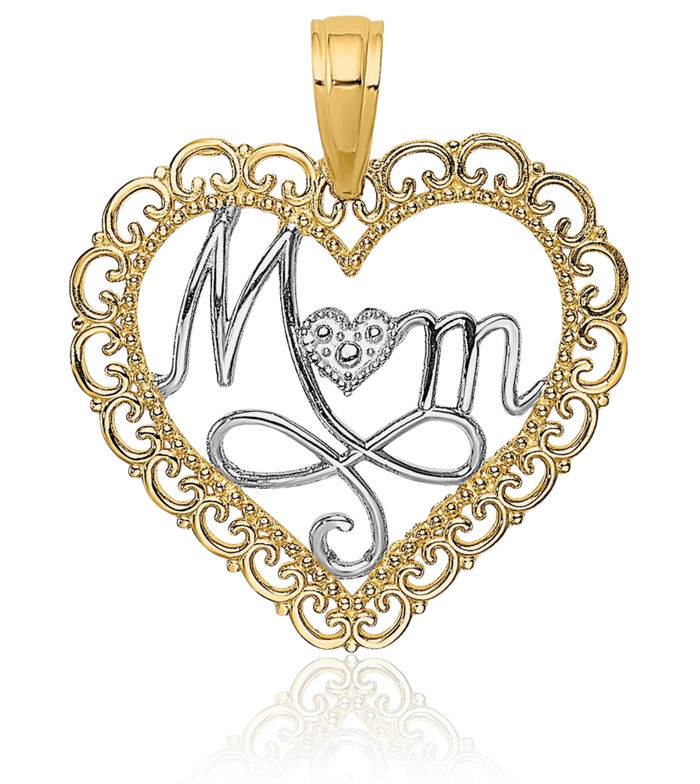 14K Solid Yellow Gold Mom Scallop Heart Necklace Mama Charm Mother Pendant