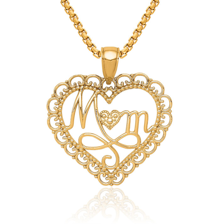 14K Solid Yellow Gold Mom Scallop Heart Necklace Mama Charm Mother Pendant