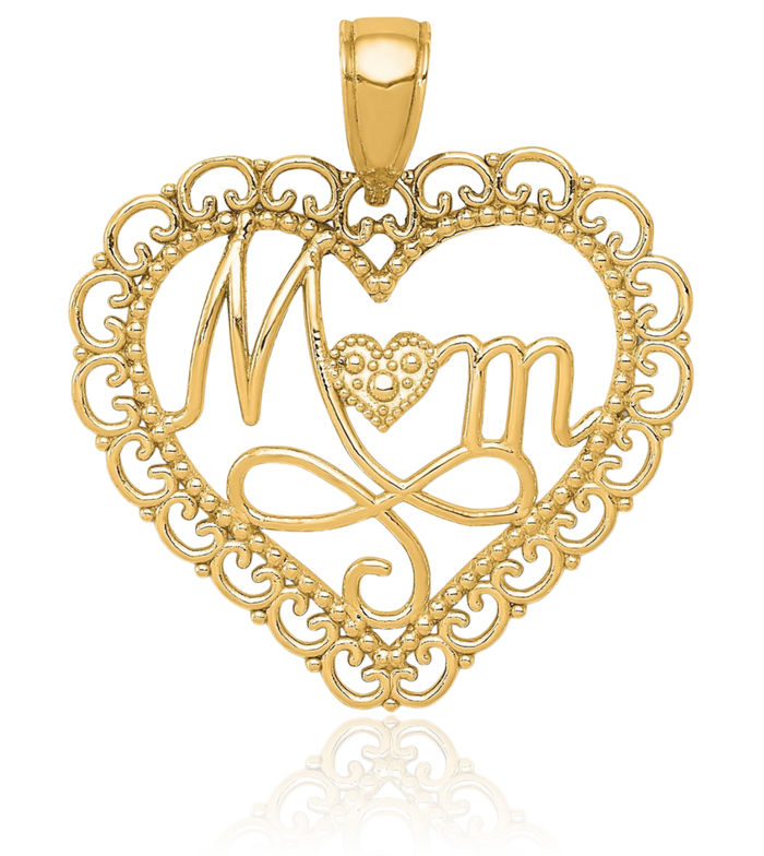 14K Solid Yellow Gold Mom Scallop Heart Necklace Mama Charm Mother Pendant