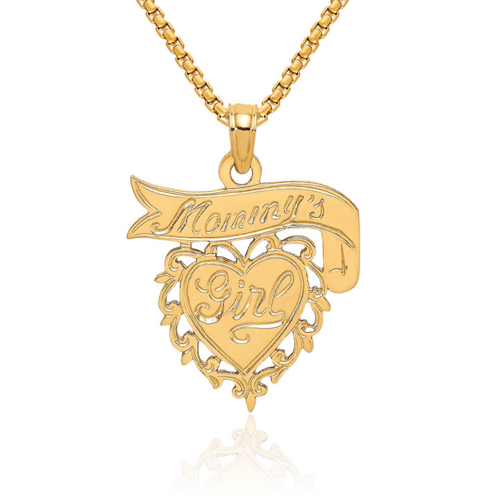 14K Solid Yellow Gold Mommys Girl Heart Banner Necklace Mama Charm Mother Pendant