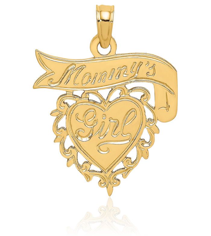 14K Solid Yellow Gold Mommys Girl Heart Banner Necklace Mama Charm Mother Pendant