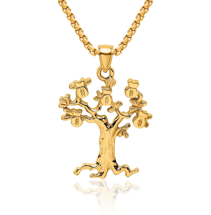 14K Solid Yellow Gold Money Tree of Life Necklace Chain Pendant Charm