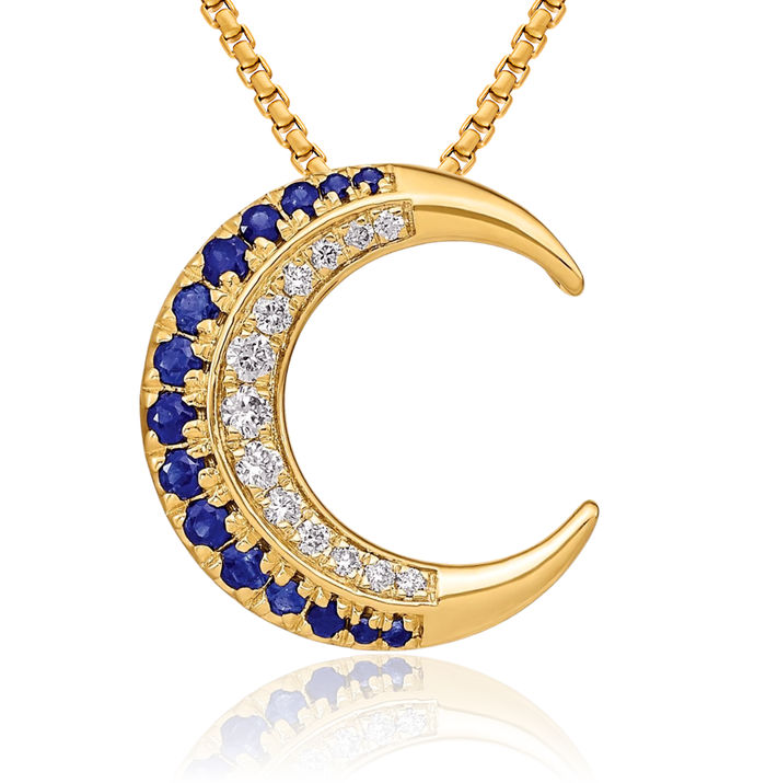 14K Solid Yellow Gold Crescent Moon Blue Sapphire Diamond Floating Chain Slide Pendant Necklace Gemstone Charm